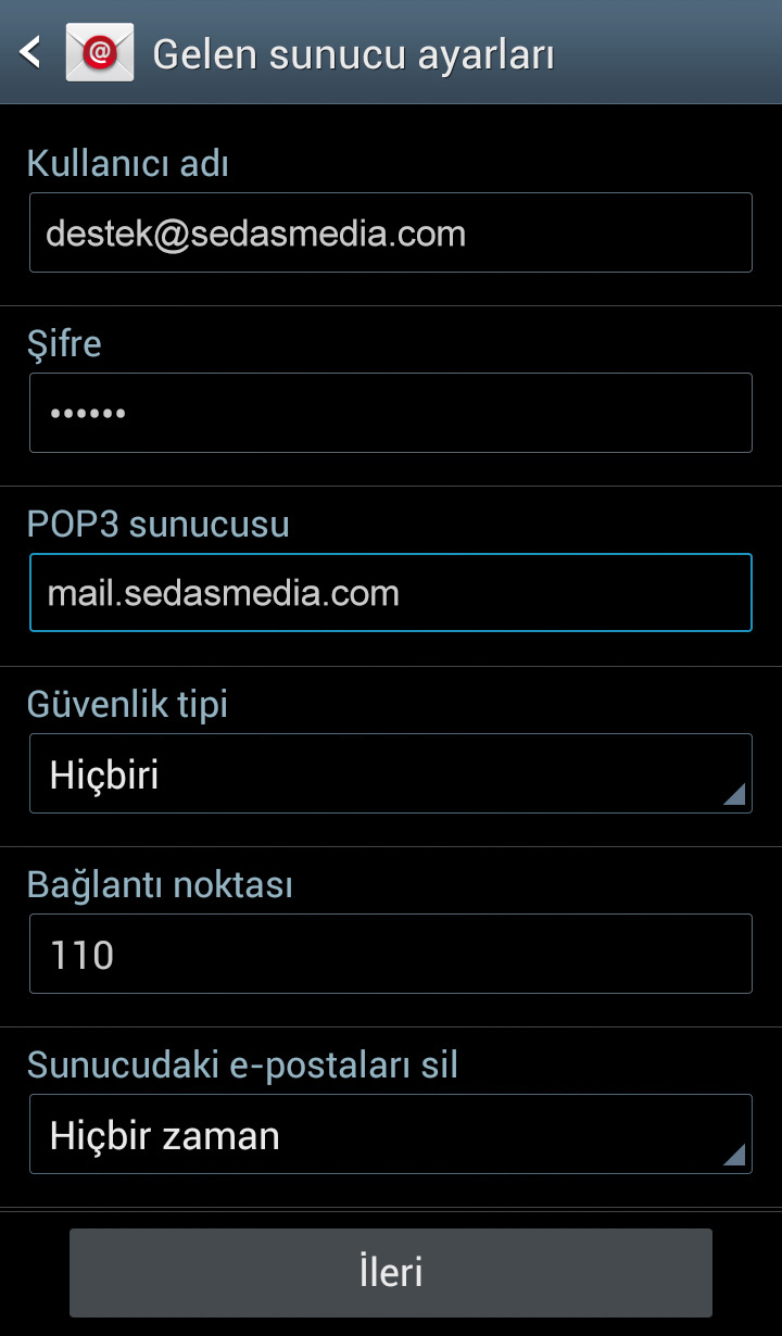 Android mail ayarları / Kayseri Web Tasarım